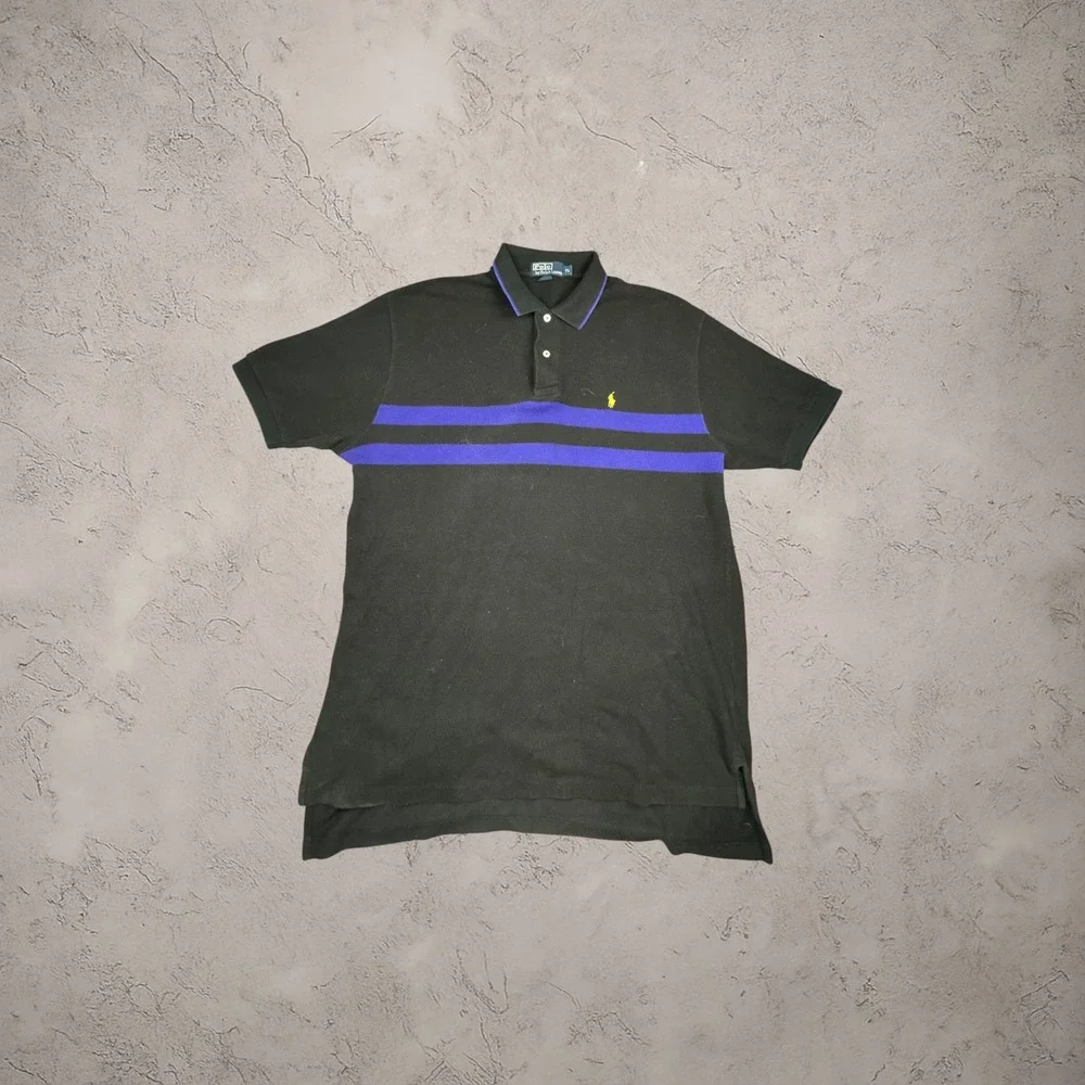 Vintage Polo Ralph Lauren XL Black Purple‎ Striped Pique Polo Shirt 90s Y2K